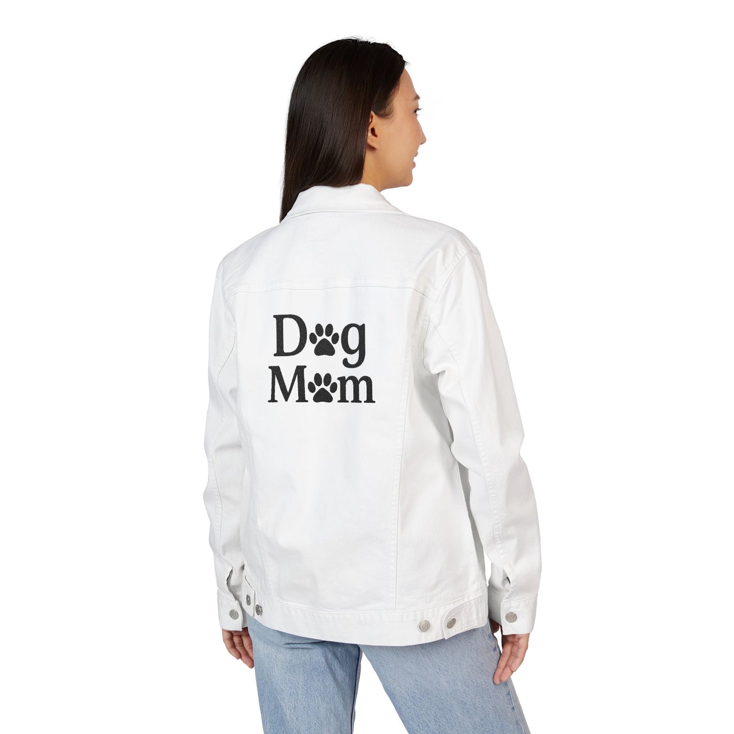 White Embroidered Dog Mom Denim Jacket Sizes Small - 2XL