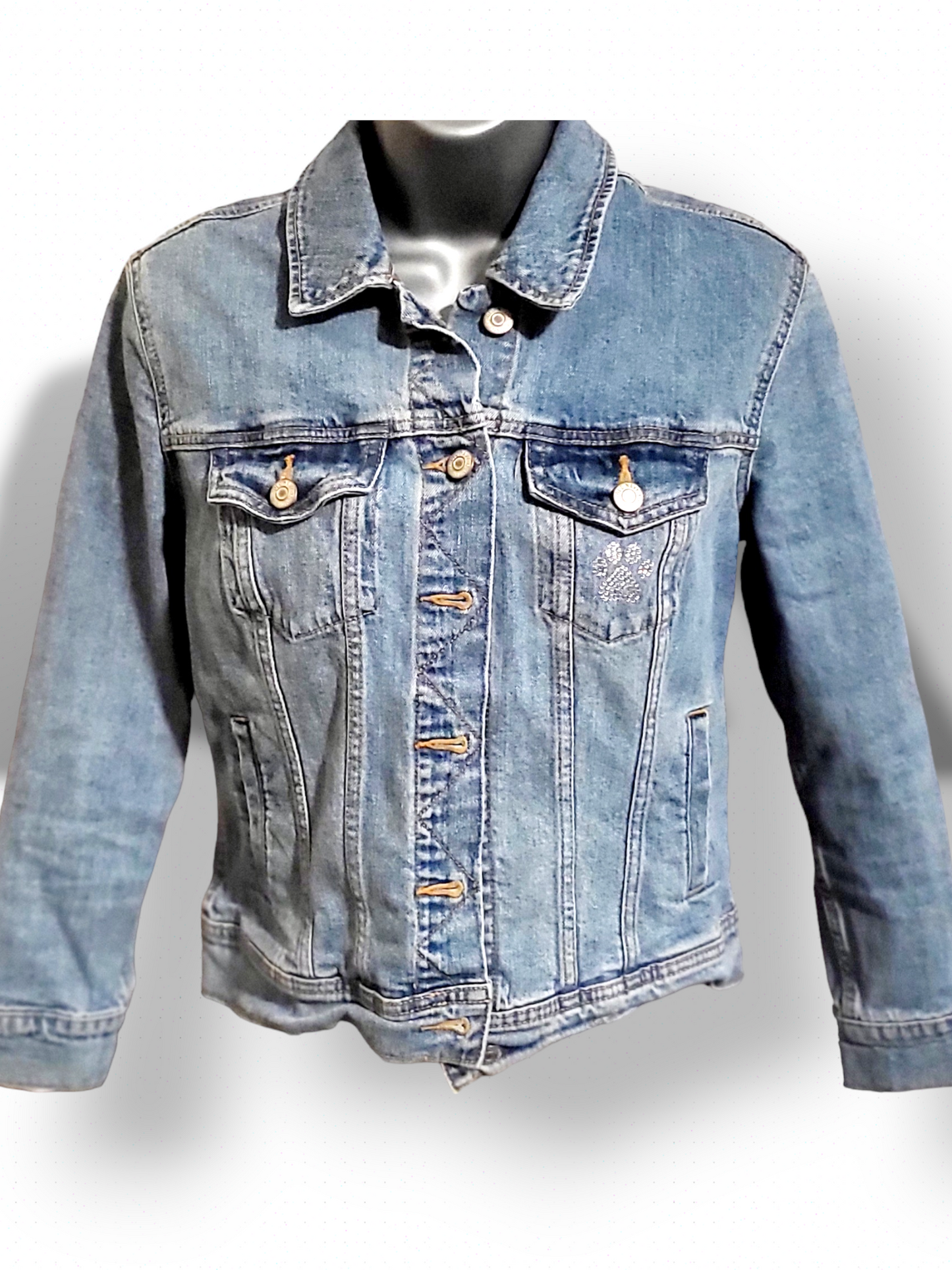 Upcycled Jeans Jacket Petite Small With Crystal Dog Design