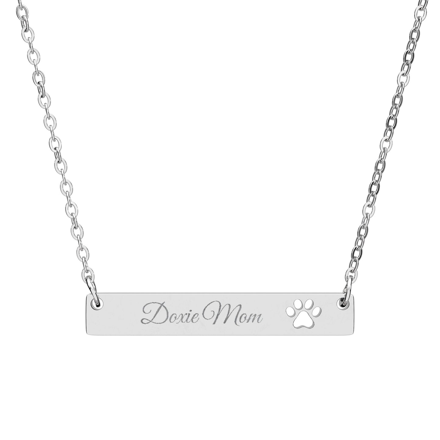 Doxie Mom Engraved Cutout Paw Bar Necklace