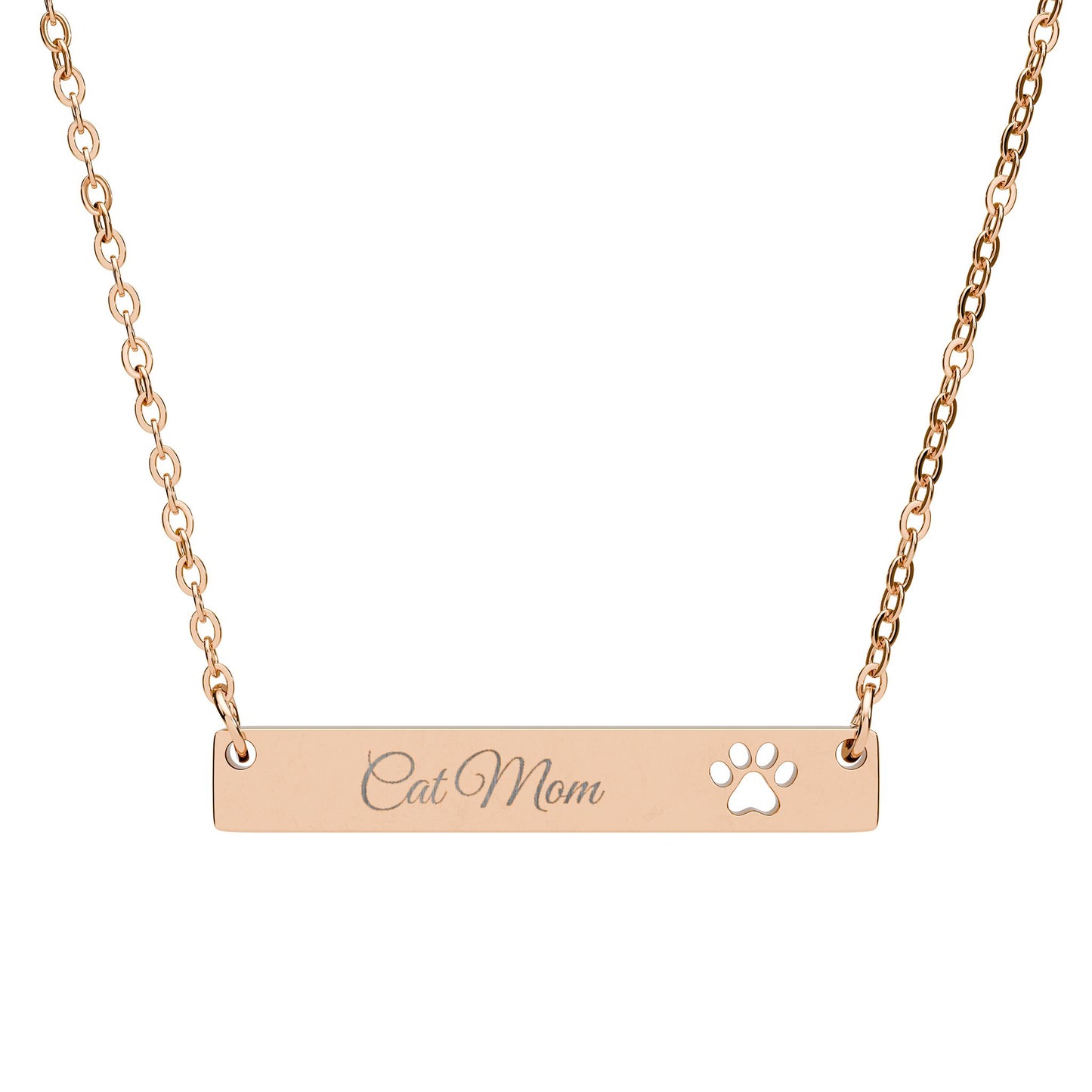 Cat Mom Engraved Cutout Paw Bar Necklace