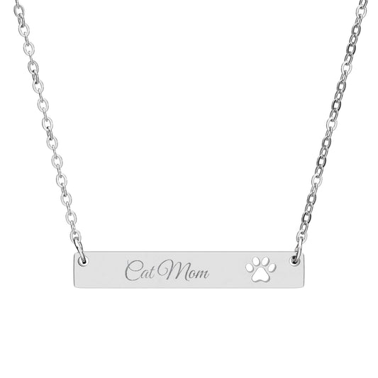 Cat Mom Engraved Cutout Paw Bar Necklace