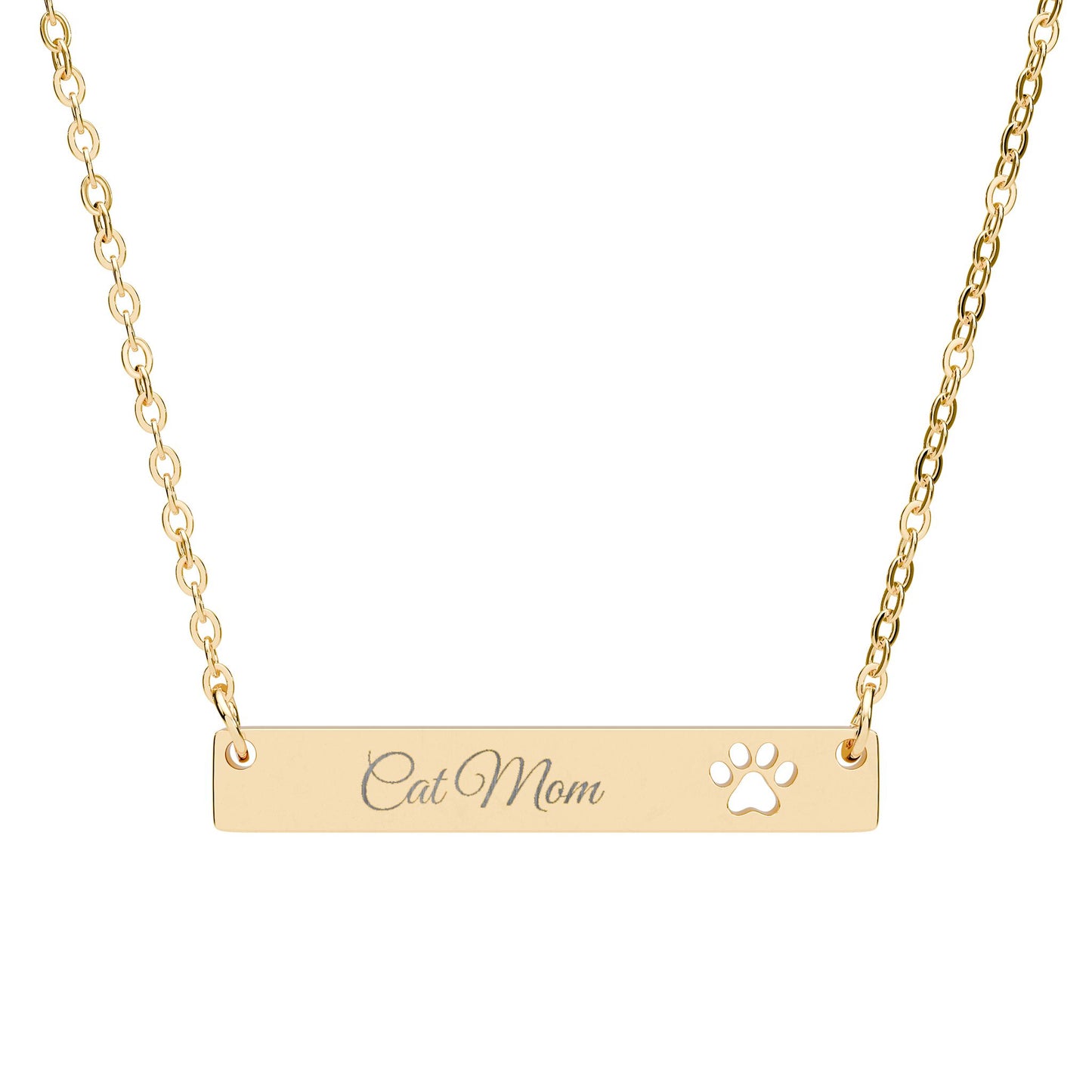 Cat Mom Engraved Cutout Paw Bar Necklace