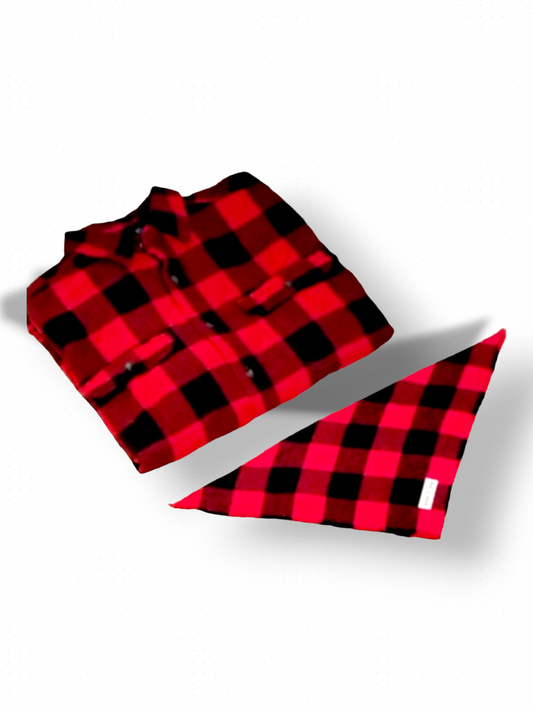 Black and Red Buffalo Check Flannel Bandana and Flannel Shirt Set
