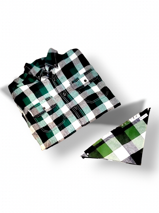 Black and Green Buffalo Check Flannel Bandana and Shirt Set