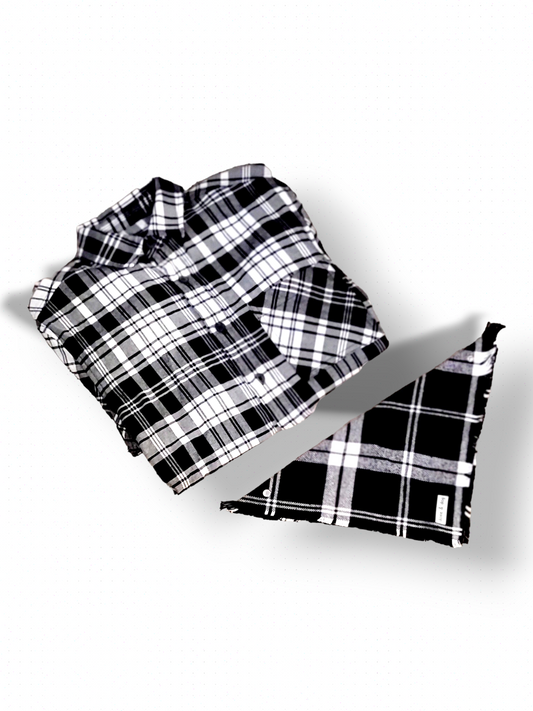 Black and White Plaid Flannel Bandana and Shirt Set