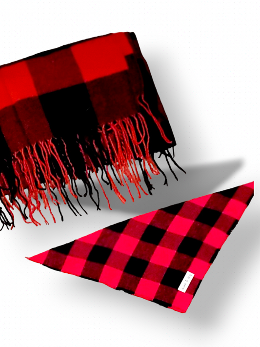 Black and Red Plaid Flannel Bandana and Blanket Scarf Set