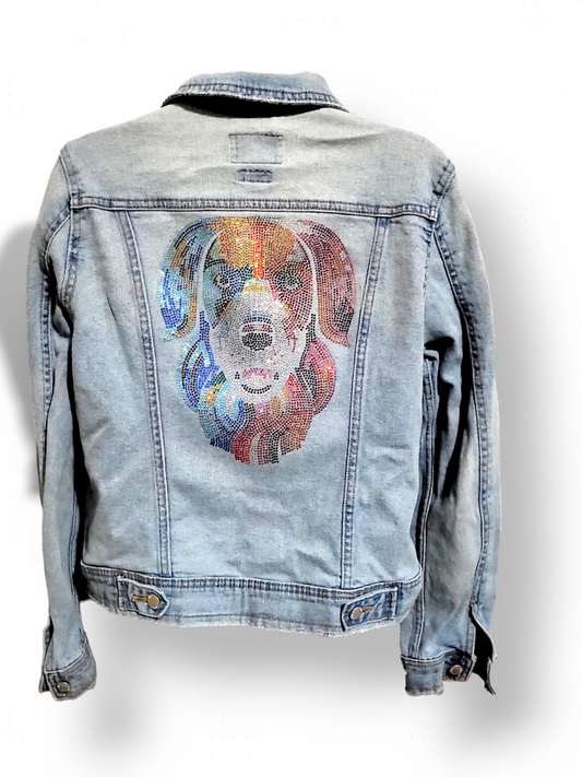 Upcycled Jeans Jacket Medium With Crystal Dog Design