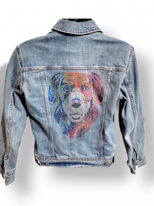 Upcycled Jeans Jacket Petite Small With Crystal Dog Design