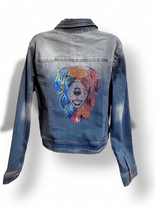 Upcycled Jeans Jacket X-Large With Crystal Dog Design