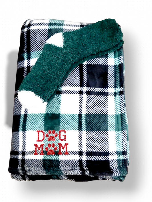 Dog Mom White, Green and Black Plush Blanket with Socks Set