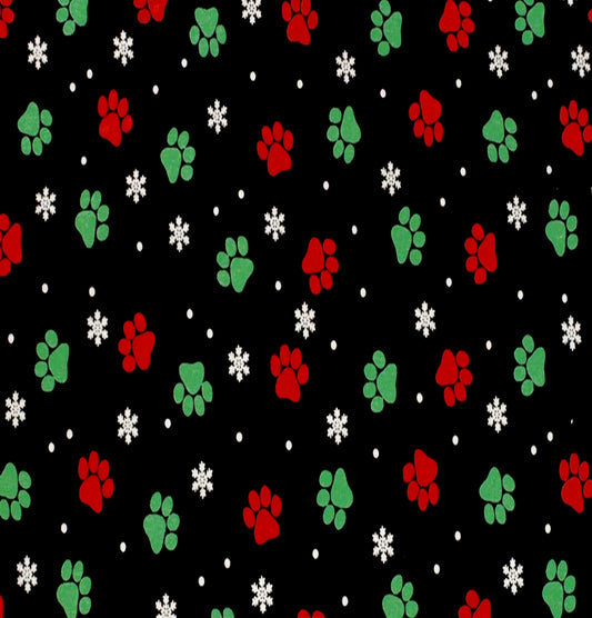 Red and Green Paws on Black Cotton